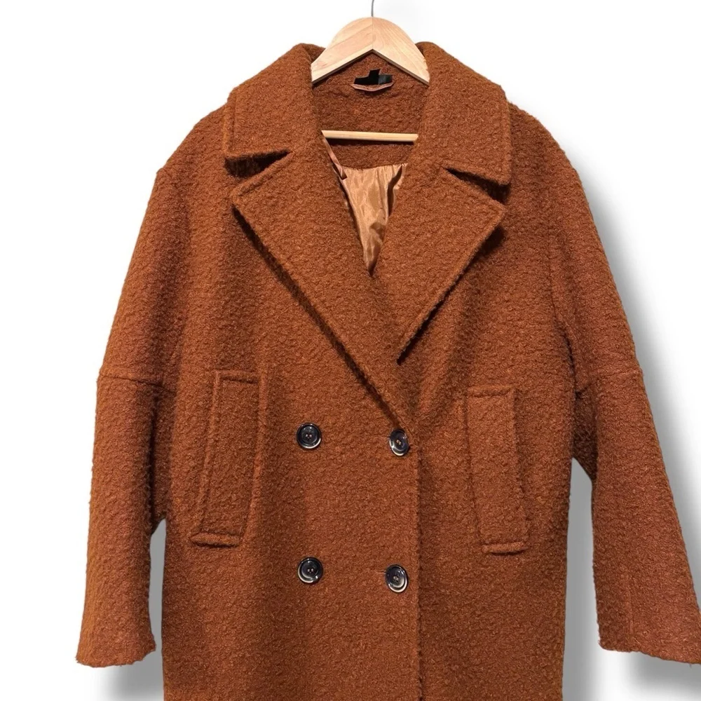TOPSHOP Teddy Boucle Brown Double Breasted Collared Overcoat Size 8